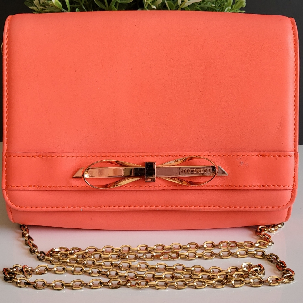 Ted Baker Neon Red-Orange Clutch / Crossbody with Gold Chain